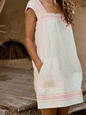 Faherty Cream Midi Dress with Pink Trim